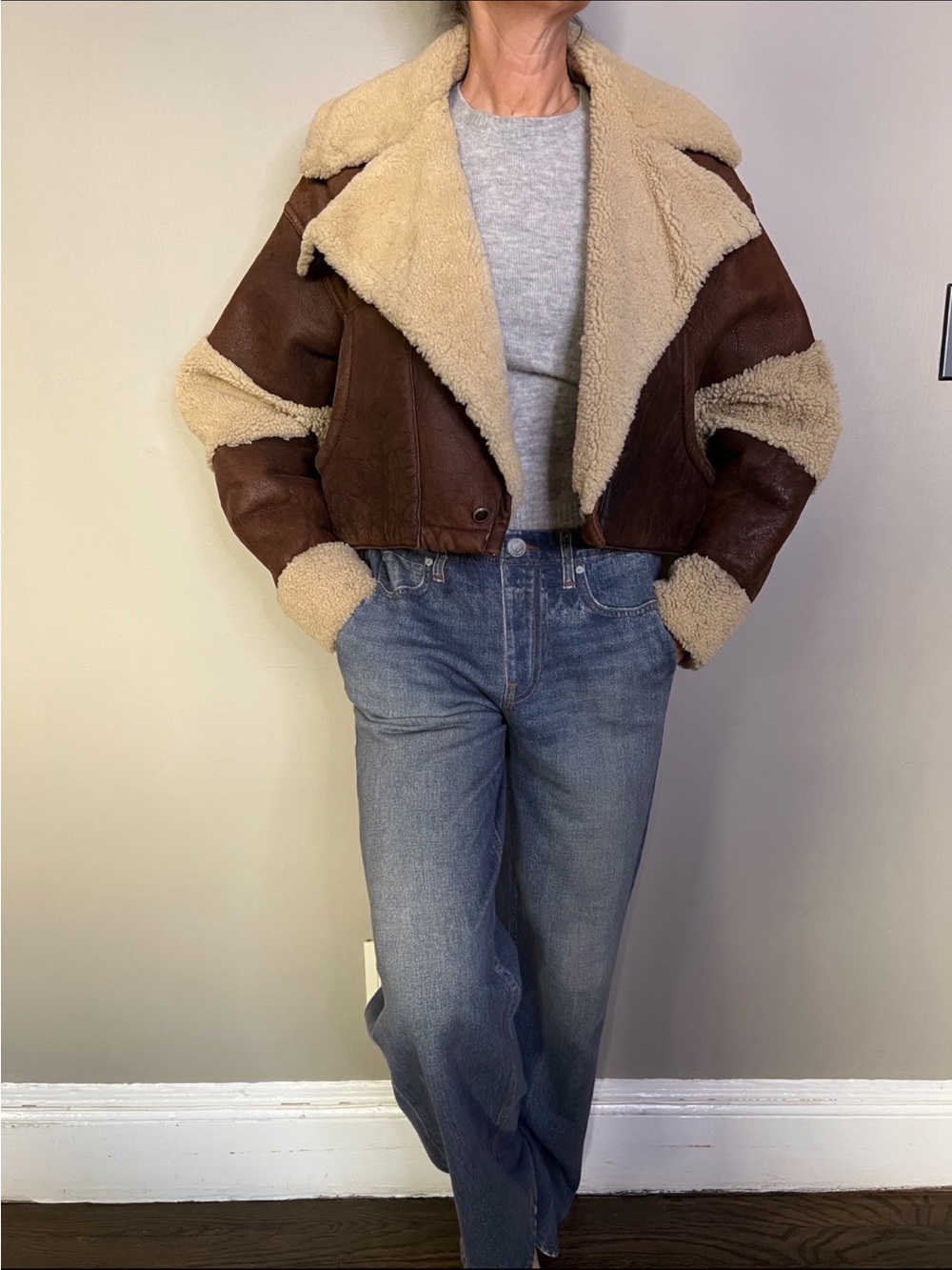 Vintage Brown Bomber Jacket with Cream Shearling Trim